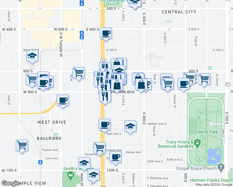 map of restaurants, bars, coffee shops, grocery stores, and more near 925 South Edison Street in Salt Lake City