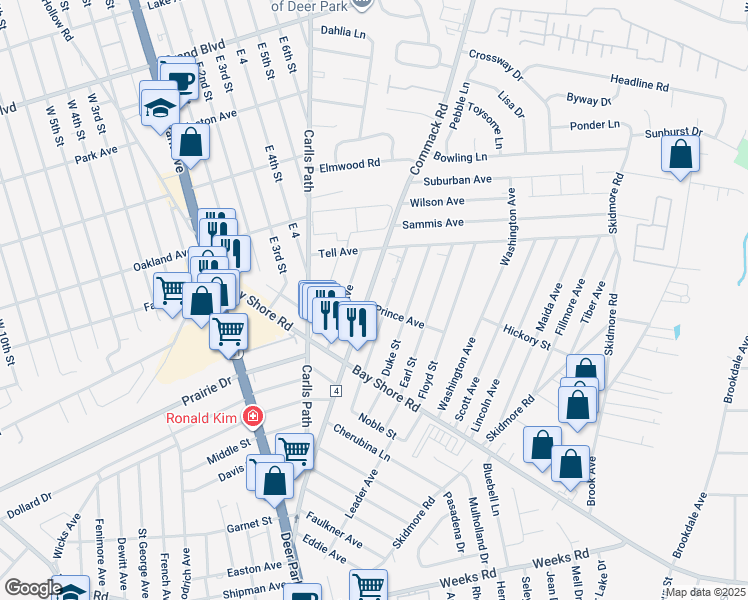 map of restaurants, bars, coffee shops, grocery stores, and more near 165 Commack Road in Deer Park