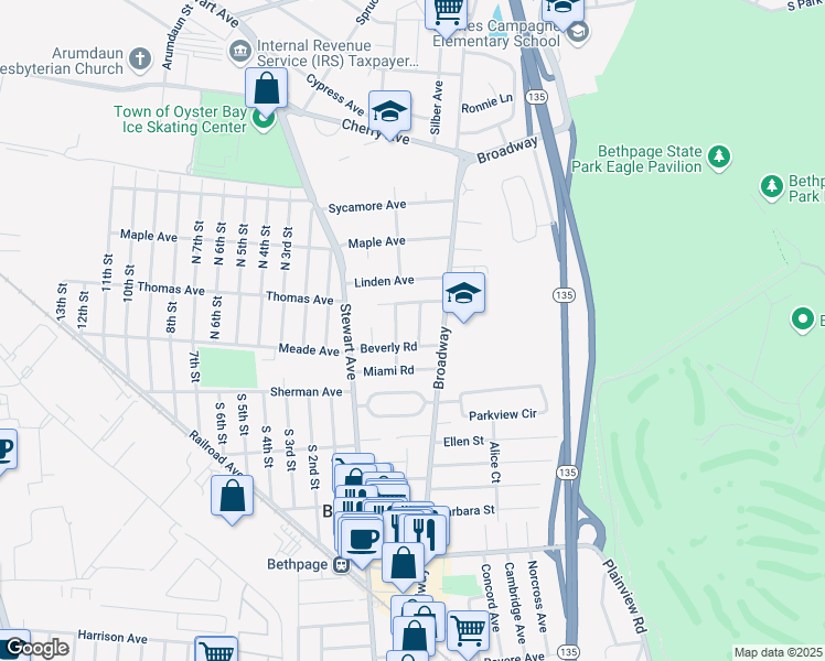 map of restaurants, bars, coffee shops, grocery stores, and more near 15 Beverly Road in Bethpage