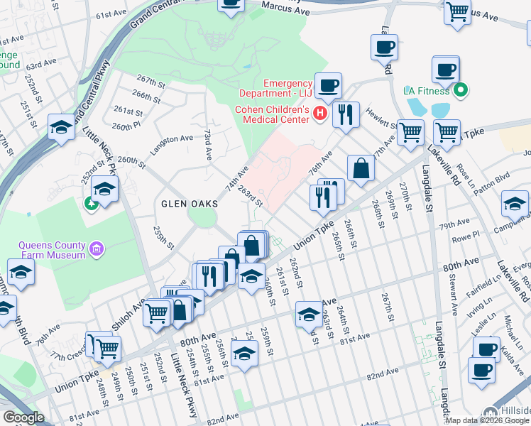 map of restaurants, bars, coffee shops, grocery stores, and more near 76-04 263rd Street in Queens