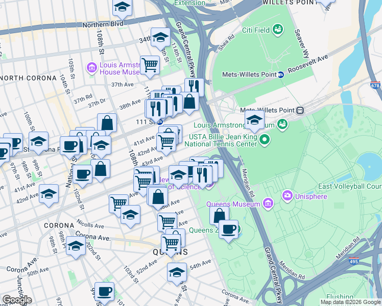 map of restaurants, bars, coffee shops, grocery stores, and more near 47-01 111th Street in Queens