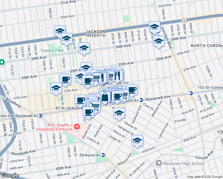 map of restaurants, bars, coffee shops, grocery stores, and more near 37-35 85th Street in Queens
