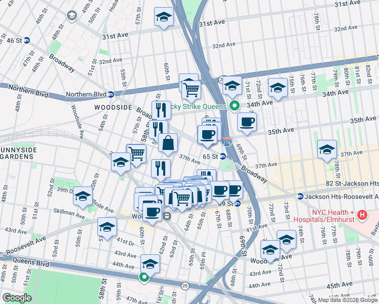 map of restaurants, bars, coffee shops, grocery stores, and more near 37-3 62nd Street in Queens