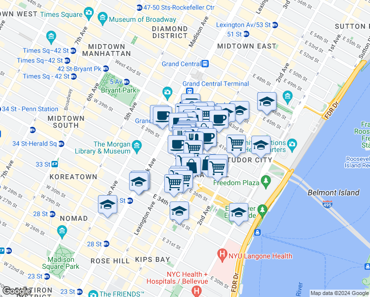 map of restaurants, bars, coffee shops, grocery stores, and more near in New York