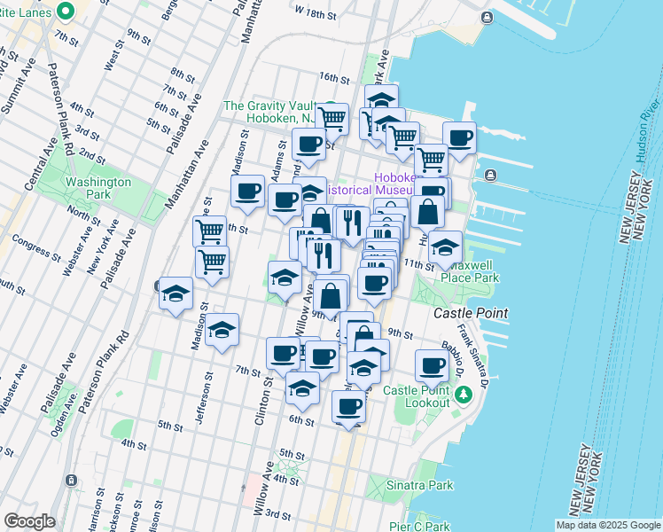 map of restaurants, bars, coffee shops, grocery stores, and more near 1000 Garden Street in Hoboken