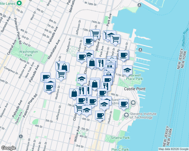 map of restaurants, bars, coffee shops, grocery stores, and more near 933 Willow Avenue in Hoboken