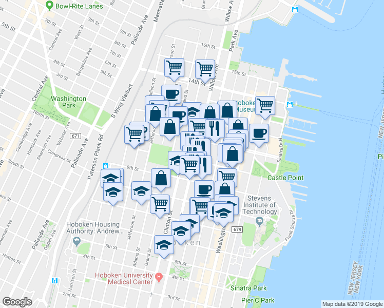 map of restaurants, bars, coffee shops, grocery stores, and more near 933 Willow Avenue in Hoboken
