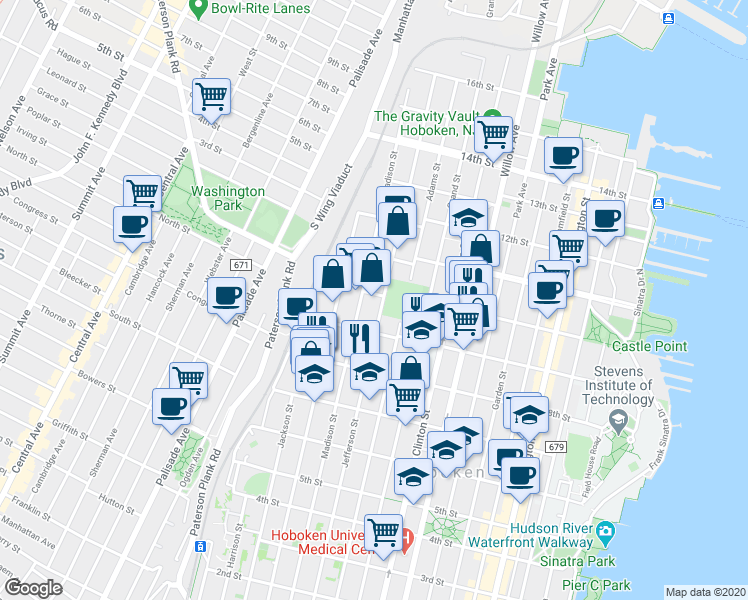 map of restaurants, bars, coffee shops, grocery stores, and more near 915 Madison Street in Hoboken