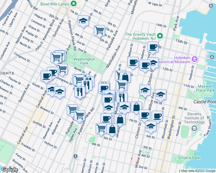 map of restaurants, bars, coffee shops, grocery stores, and more near 800 Jackson Street in Hoboken