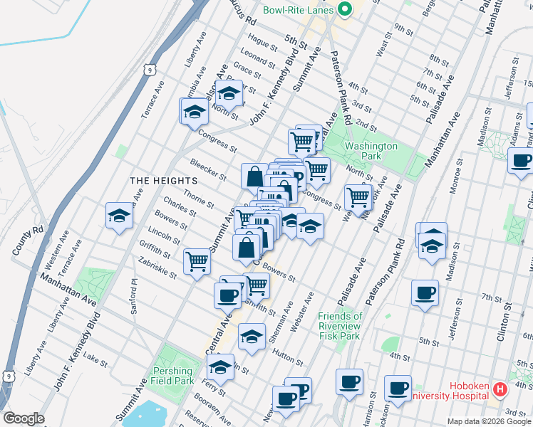 map of restaurants, bars, coffee shops, grocery stores, and more near 419 Central Avenue in Jersey City