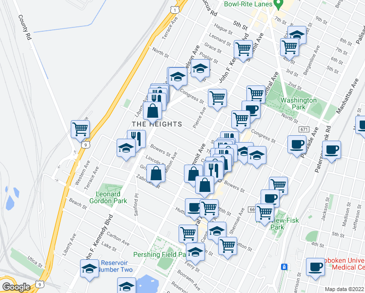 map of restaurants, bars, coffee shops, grocery stores, and more near 210A Bowers Street in Jersey City