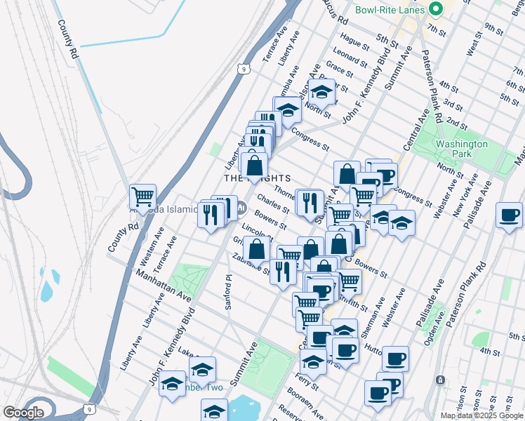 map of restaurants, bars, coffee shops, grocery stores, and more near 235 Bowers Street in Jersey City