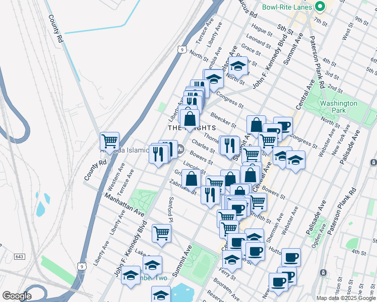map of restaurants, bars, coffee shops, grocery stores, and more near 3418 John F. Kennedy Boulevard in Jersey City