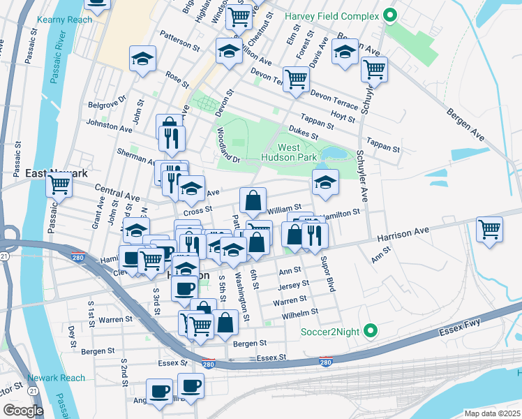 map of restaurants, bars, coffee shops, grocery stores, and more near 714 Hamilton Street in Harrison