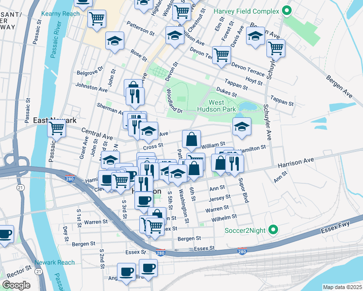 map of restaurants, bars, coffee shops, grocery stores, and more near 604 William Street in Harrison