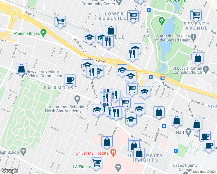 map of restaurants, bars, coffee shops, grocery stores, and more near 33 North 5th Street in Newark