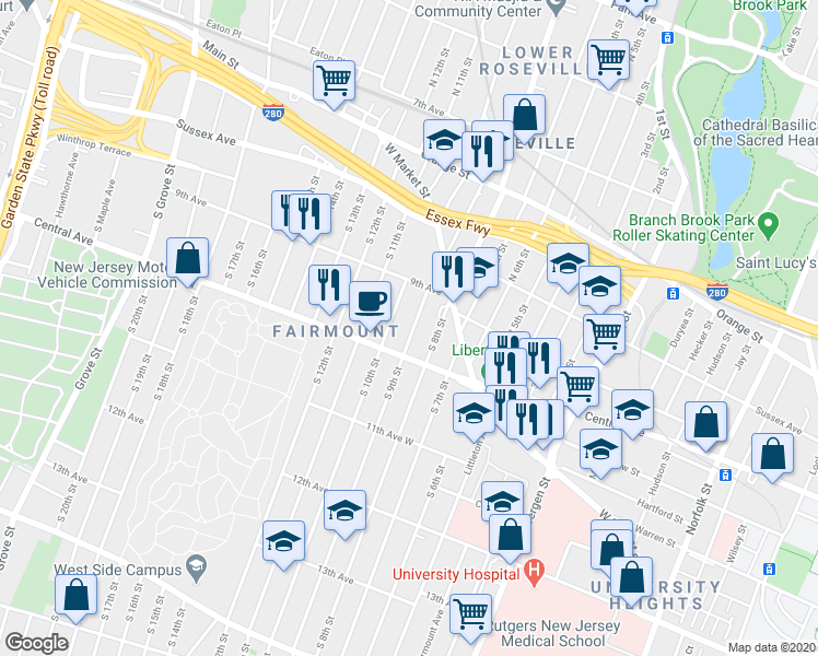 map of restaurants, bars, coffee shops, grocery stores, and more near 535 Central Avenue in Newark