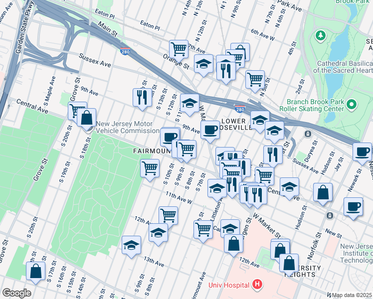 map of restaurants, bars, coffee shops, grocery stores, and more near 535 Central Avenue in Newark