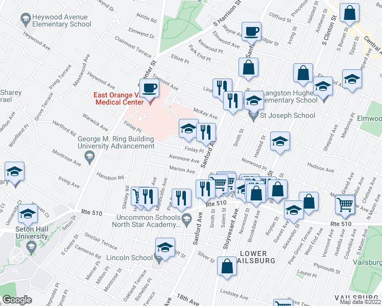 map of restaurants, bars, coffee shops, grocery stores, and more near 379 Sanford Avenue in Newark