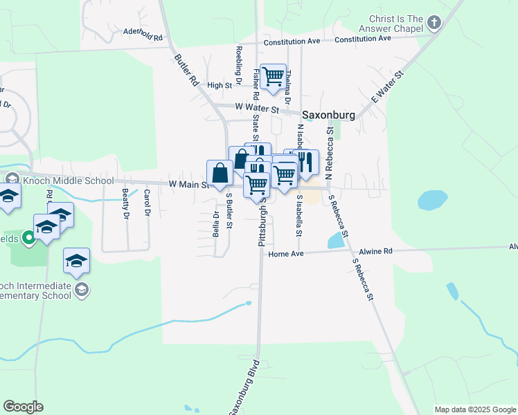 map of restaurants, bars, coffee shops, grocery stores, and more near 600 Commons of Saxonburg Court in Saxonburg