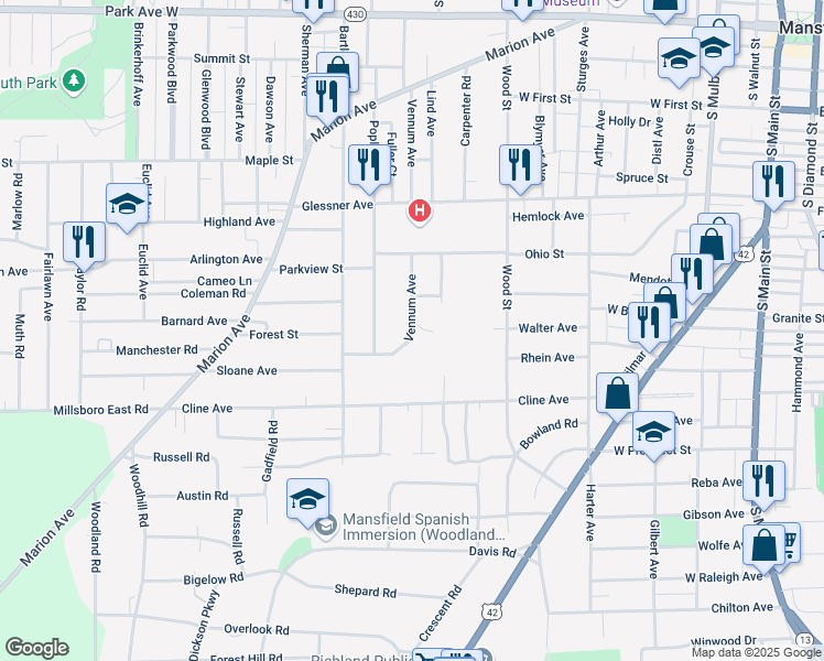 map of restaurants, bars, coffee shops, grocery stores, and more near 376 Sloane Avenue in Mansfield