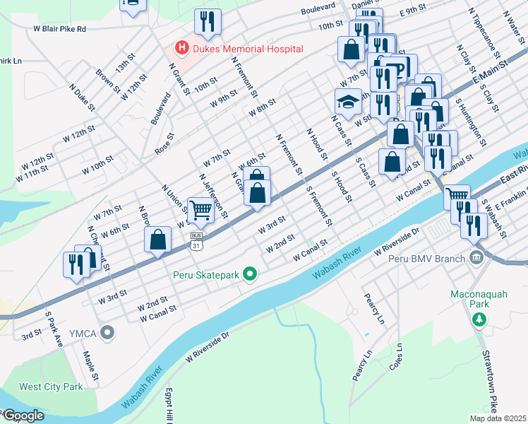 map of restaurants, bars, coffee shops, grocery stores, and more near 250-322 W 3rd St in Peru