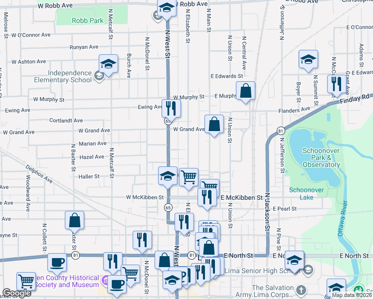 map of restaurants, bars, coffee shops, grocery stores, and more near 638 North Elizabeth Street in Lima