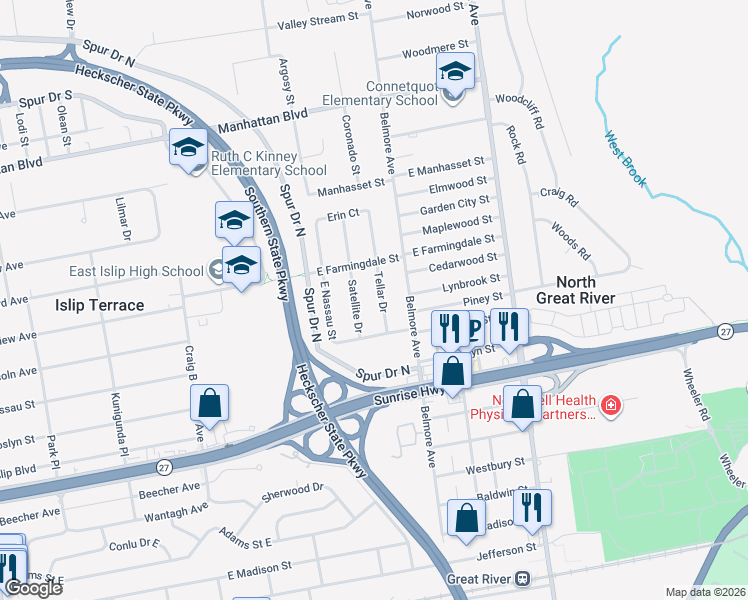 map of restaurants, bars, coffee shops, grocery stores, and more near 7 Tellar Drive in Islip Terrace