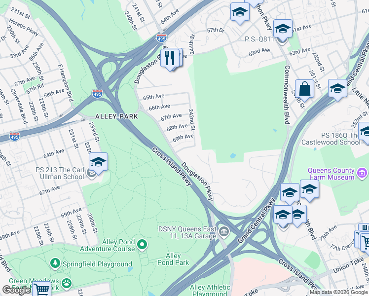 map of restaurants, bars, coffee shops, grocery stores, and more near 71-12 242nd Street in Queens