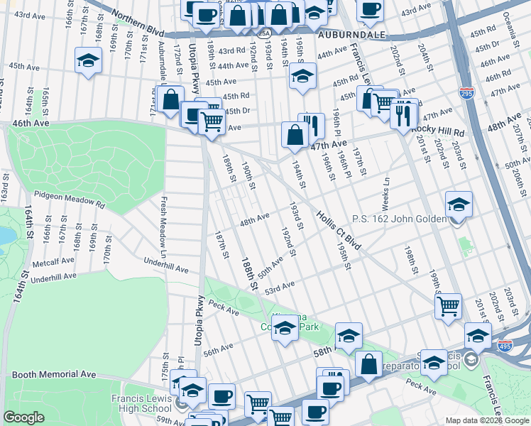 map of restaurants, bars, coffee shops, grocery stores, and more near 48-22 192nd Street in Queens
