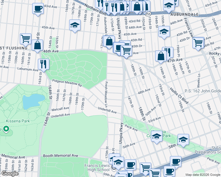 map of restaurants, bars, coffee shops, grocery stores, and more near 16 Fairchild Avenue in Queens