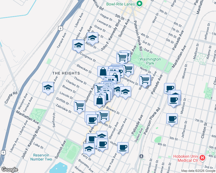 map of restaurants, bars, coffee shops, grocery stores, and more near 419 Central Avenue in Jersey City