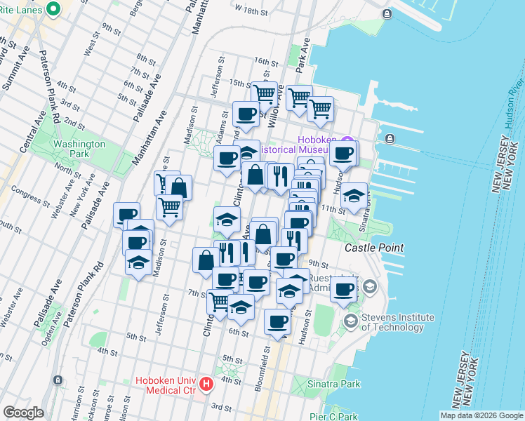 map of restaurants, bars, coffee shops, grocery stores, and more near 933 Willow Avenue in Hoboken
