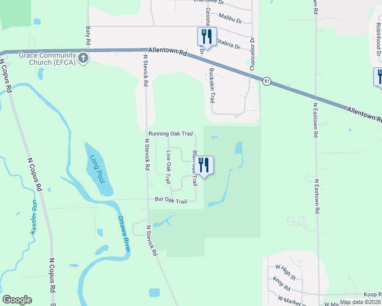 map of restaurants, bars, coffee shops, grocery stores, and more near 3900-3918 Willow Oak Trail in Lima
