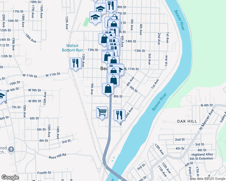 map of restaurants, bars, coffee shops, grocery stores, and more near 618 Tank Alley in Beaver Falls