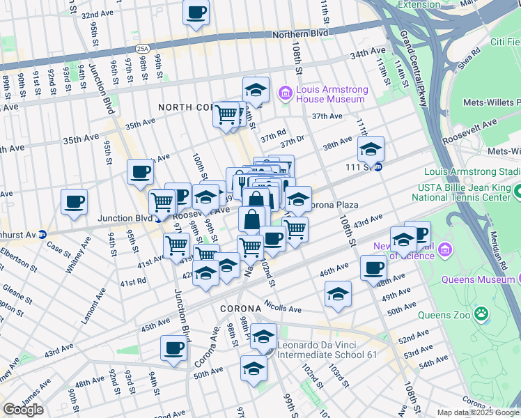 map of restaurants, bars, coffee shops, grocery stores, and more near 40-28 National Street in Queens