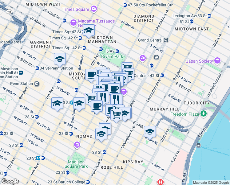 map of restaurants, bars, coffee shops, grocery stores, and more near 200 Madison Avenue in New York