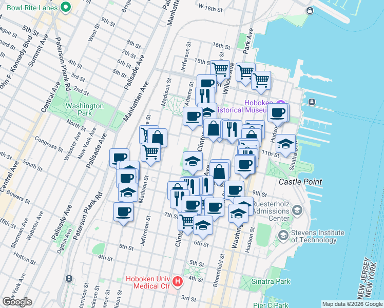 map of restaurants, bars, coffee shops, grocery stores, and more near 10th Street in Hoboken
