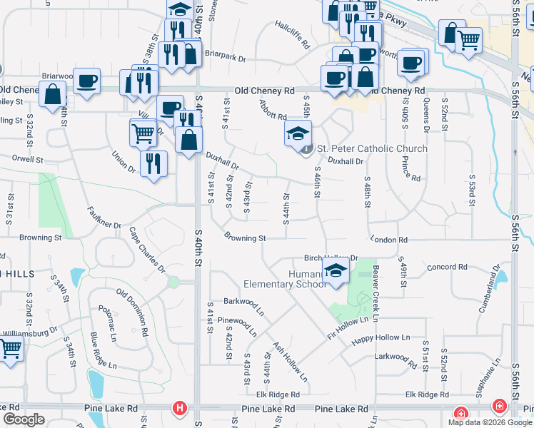 map of restaurants, bars, coffee shops, grocery stores, and more near 6315 South 44th Street in Lincoln