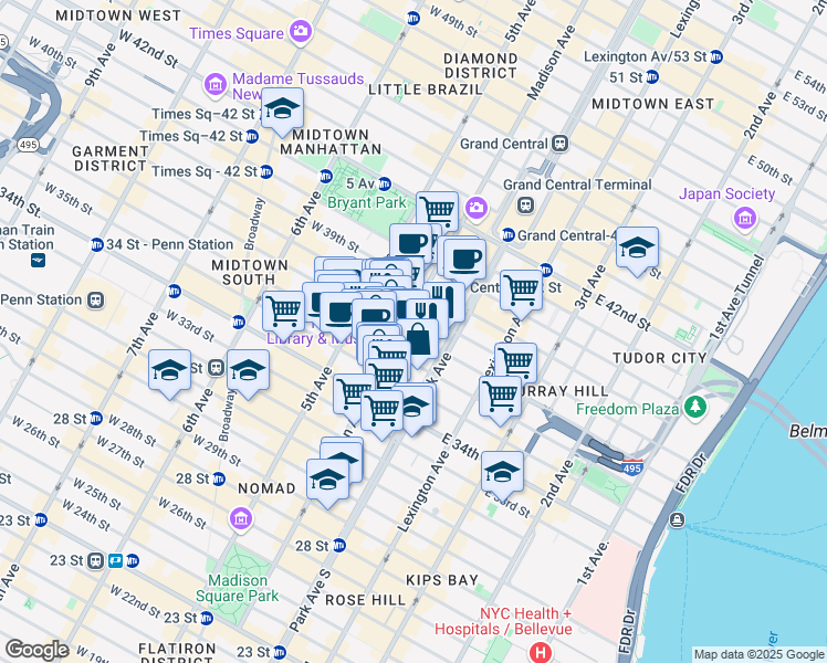 map of restaurants, bars, coffee shops, grocery stores, and more near 233 Madison Avenue in New York