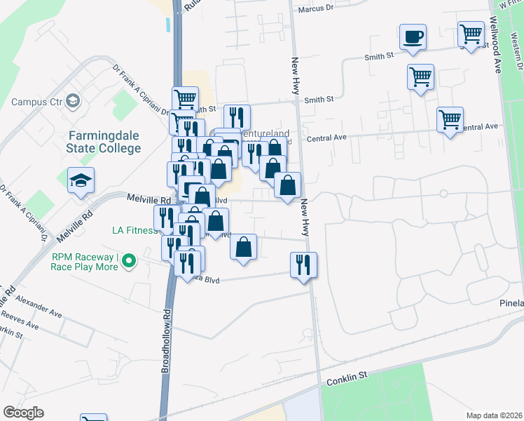 map of restaurants, bars, coffee shops, grocery stores, and more near 134 Milbar Boulevard in Farmingdale