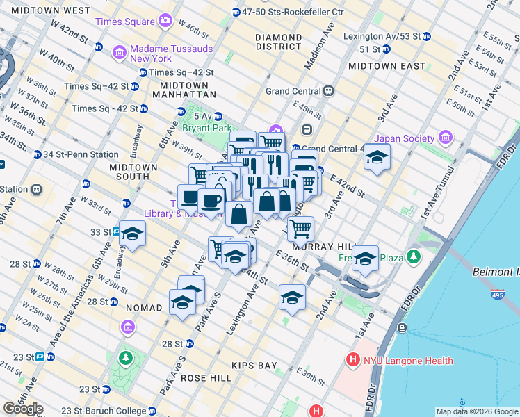 map of restaurants, bars, coffee shops, grocery stores, and more near 90 East 38th Street in New York
