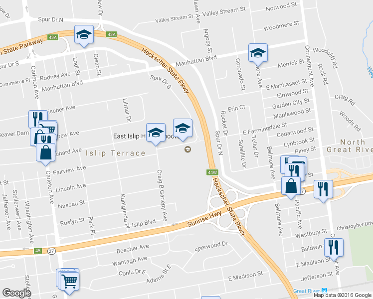 map of restaurants, bars, coffee shops, grocery stores, and more near 100 Redmen Street in Islip Terrace