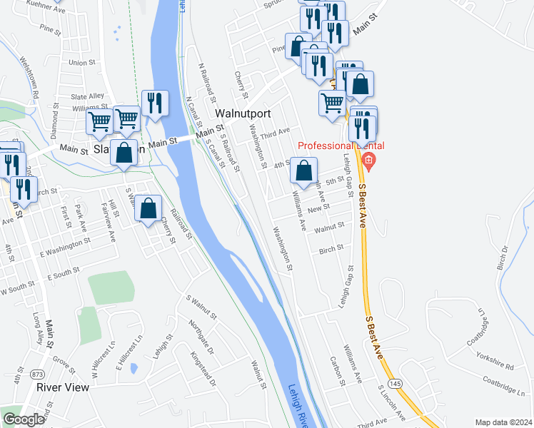 map of restaurants, bars, coffee shops, grocery stores, and more near 518 Washington Street in Walnutport