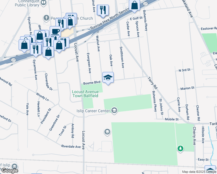 map of restaurants, bars, coffee shops, grocery stores, and more near 50 Bourne Boulevard in Oakdale
