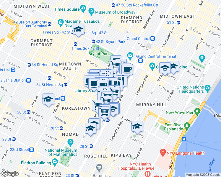 map of restaurants, bars, coffee shops, grocery stores, and more near Madison Ave & E 37th St in New York