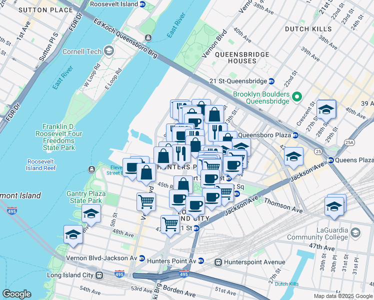 map of restaurants, bars, coffee shops, grocery stores, and more near in Queens