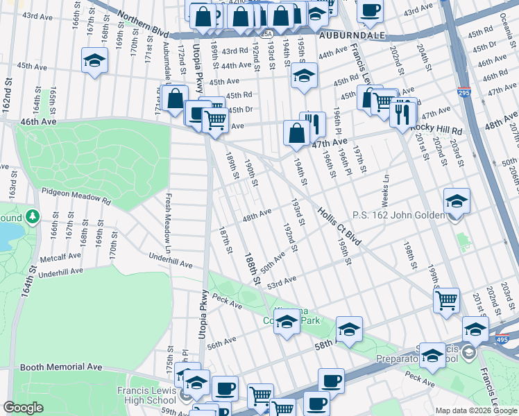 map of restaurants, bars, coffee shops, grocery stores, and more near 48-6 189th Street in Queens