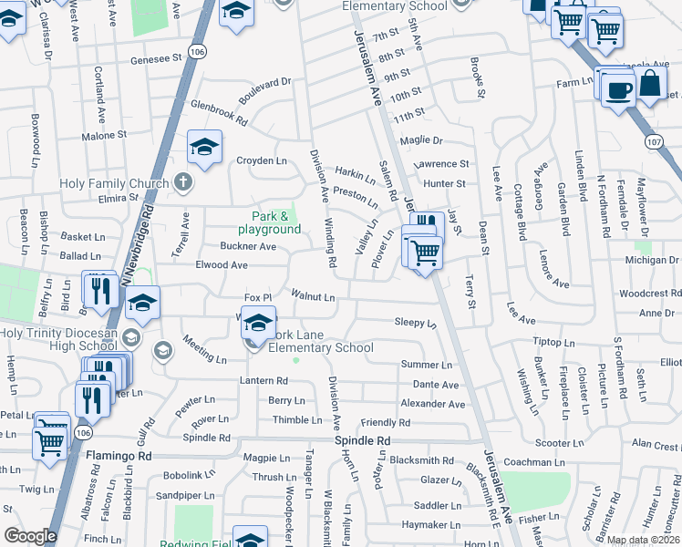 map of restaurants, bars, coffee shops, grocery stores, and more near 2 Shady Lane in Hicksville