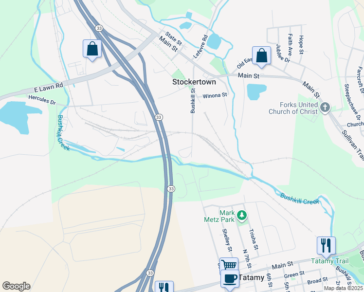 map of restaurants, bars, coffee shops, grocery stores, and more near 300 Bushkill Street in Stockertown